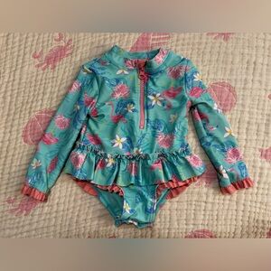 Tommy Bahama Baby One Piece Bathing Suit Long Sleeve Sz 12M Flamingo Bow Ruffles